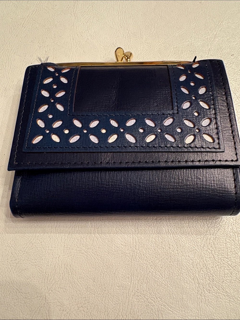 Classic Navy Leather Wallet with Floral Cutout - Unbranded